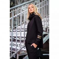 3RD STORY Tops Golden Stripes Embossed Logo Funnel Sweater Black