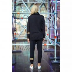 3RD STORY Tops Golden Stripes Embossed Logo Funnel Sweater Black