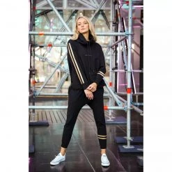 3RD STORY Tops Golden Stripes Embossed Logo Funnel Sweater Black