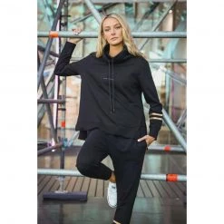 3RD STORY Tops Golden Stripes Embossed Logo Funnel Sweater Black